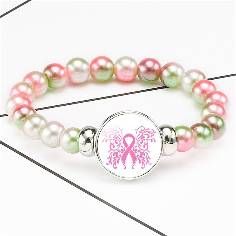 Breast Cancer Awareness Beads Bracelets 18mm Snap Buttons Dome Cabochon
