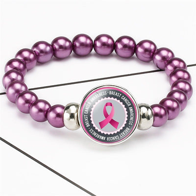 Breast Cancer Awareness Beads Bracelets 18mm Snap Buttons Dome Cabochon