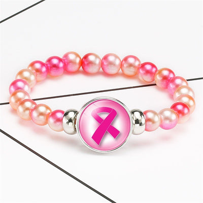 Breast Cancer Awareness Beads Bracelets 18mm Snap Buttons Dome Cabochon