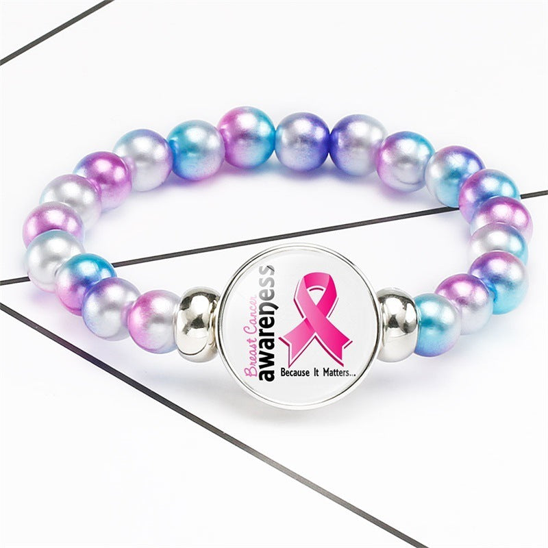 Breast Cancer Awareness Beads Bracelets 18mm Snap Buttons Dome Cabochon