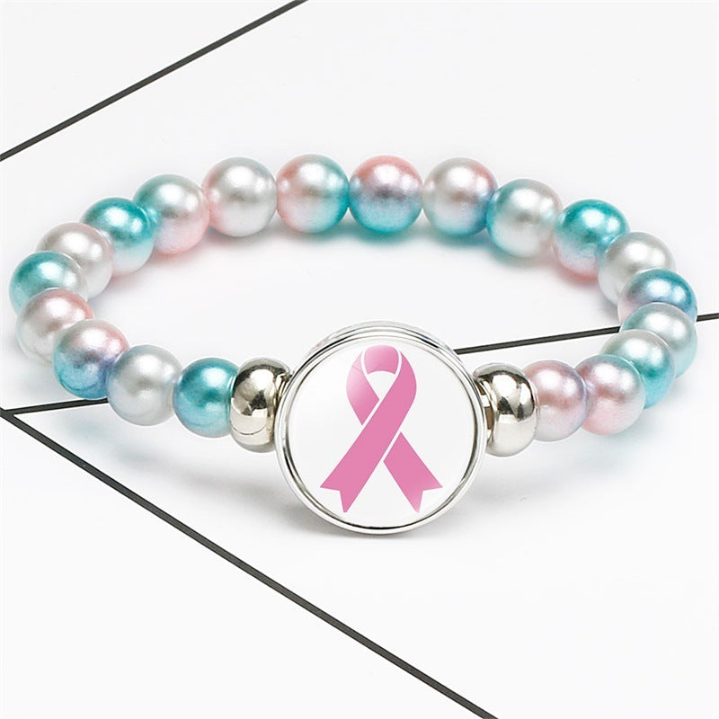 Breast Cancer Awareness Beads Bracelets 18mm Snap Buttons Dome Cabochon