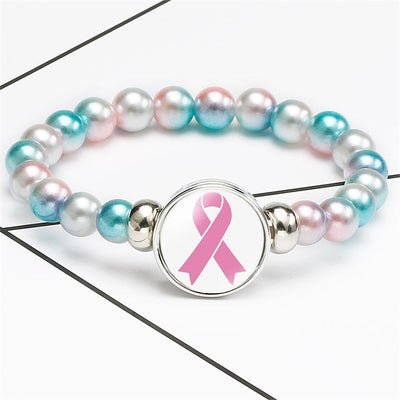 Breast Cancer Awareness Beads Bracelets 18mm Snap Buttons Dome Cabochon