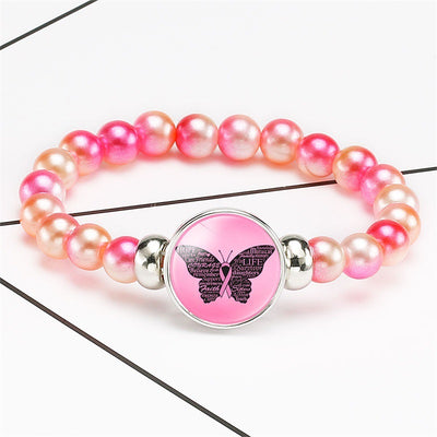 Breast Cancer Awareness Beads Bracelets 18mm Snap Buttons Dome Cabochon