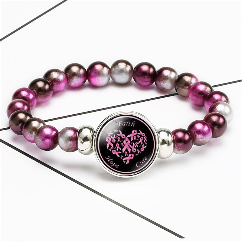 Breast Cancer Awareness Beads Bracelets 18mm Snap Buttons Dome Cabochon