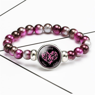 Breast Cancer Awareness Beads Bracelets 18mm Snap Buttons Dome Cabochon