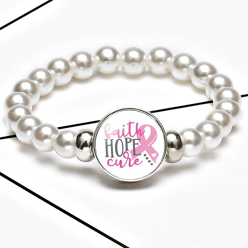 Breast Cancer Awareness Beads Bracelets 18mm Snap Buttons Dome Cabochon