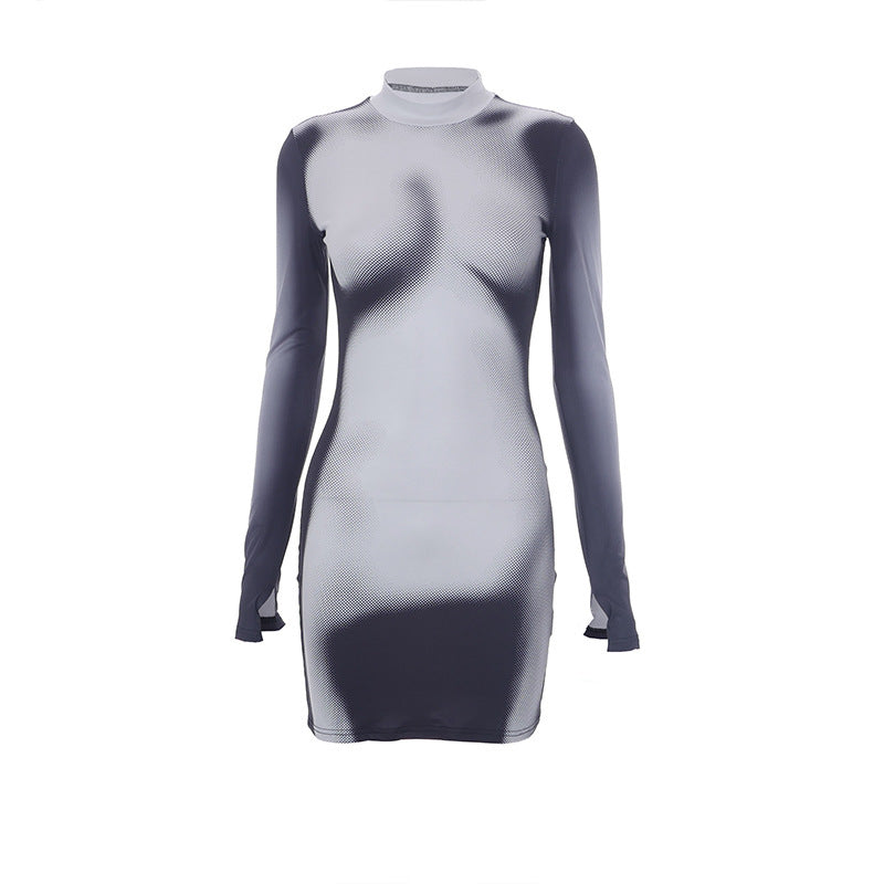Temperament Body Printed Long-sleeved Slim Round Neck